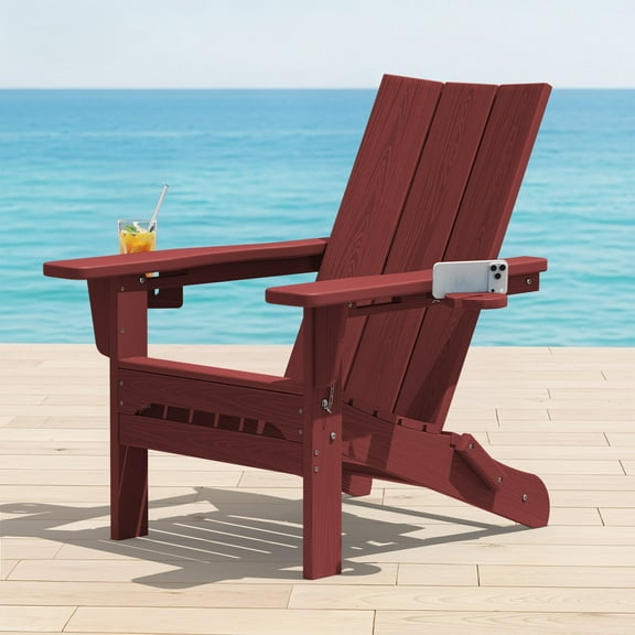SERWALL Folding Adirondack Chair with 2 Cup Holders & Phone Slot, All-Weather Outdoor HDPE Patio Chair, Foldable Lawn Deck Chair, Red
