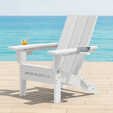 SERWALL Folding Adirondack Chair with 2 Cup Holders & Phone Slot, All-Weather Outdoor HDPE Patio Chair, Foldable Lawn Deck Chair, White