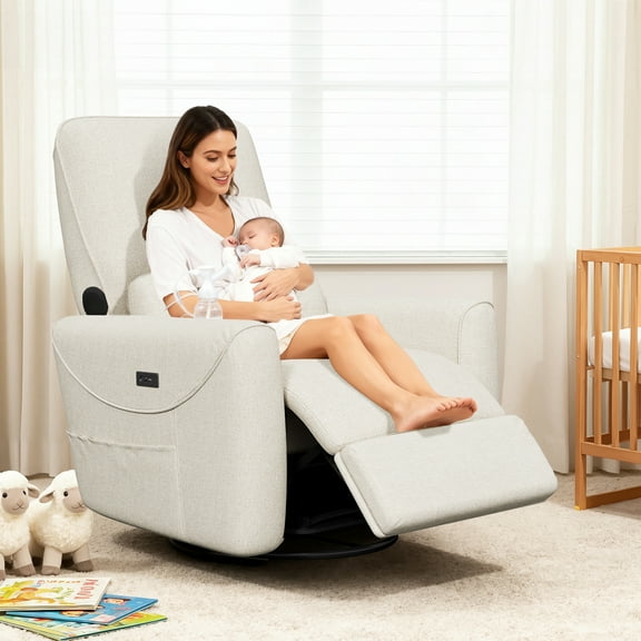 SERWALL Nursery Rocking Chair with 270° Swivel, Swiverl Glider Rocking Chair with USB-C Port & Speaker, Beige