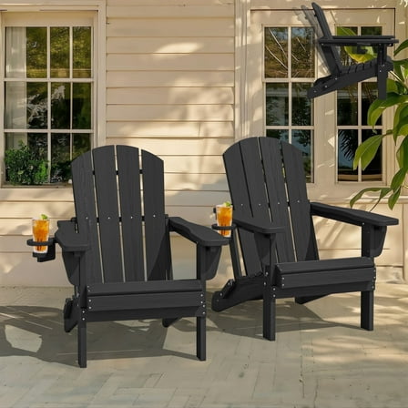 SERWALL Outdoor Adjustable Folding HDPE Adirondack Chair Set of 2 with Cup Holder, Black