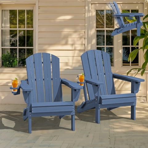 SERWALL Outdoor Adjustable Folding HDPE Adirondack Chair Set of 2 with Cup Holder, for Outdoor, Patio, Poolside, Garden, Blue