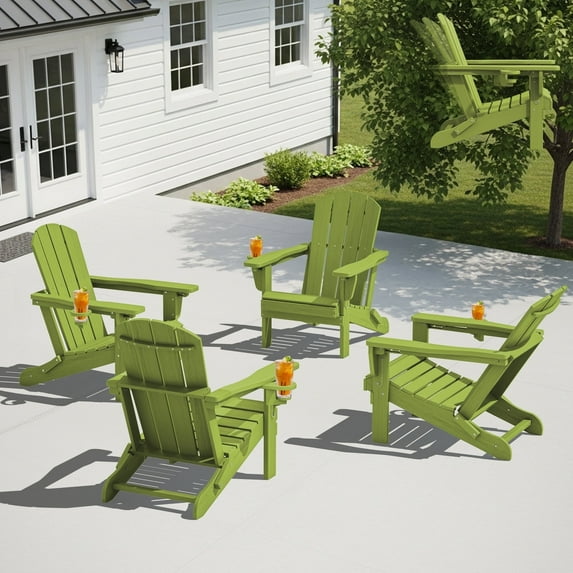 SERWALL Outdoor Adjustable Folding HDPE Adirondack Chair Set of 4 with Cup Holder, Apple Green