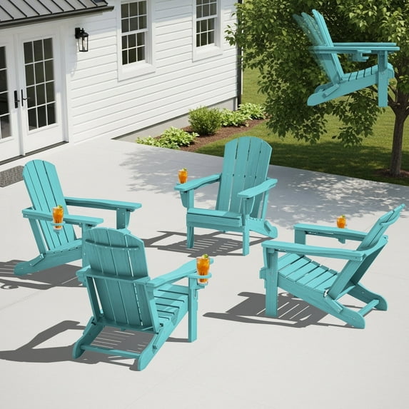 SERWALL Outdoor Adjustable Folding HDPE Adirondack Chair Set of 4 with Cup Holder, Aruba Blue