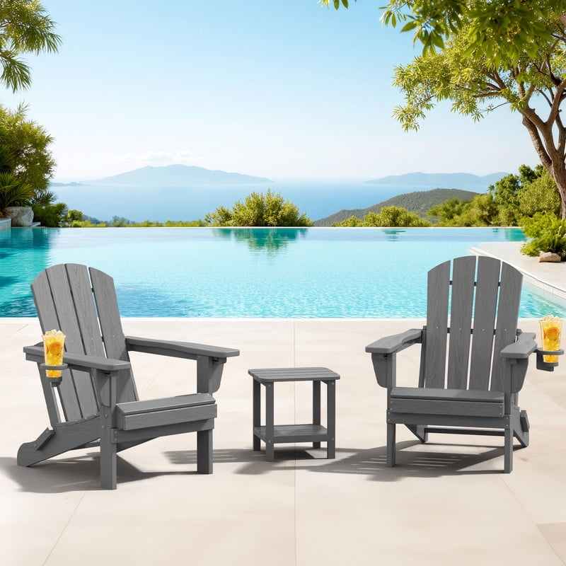 SERWALL Outdoor Adjustable Folding HDPE Adirondack Chairs Set of 2 with Cup Holder, Gray