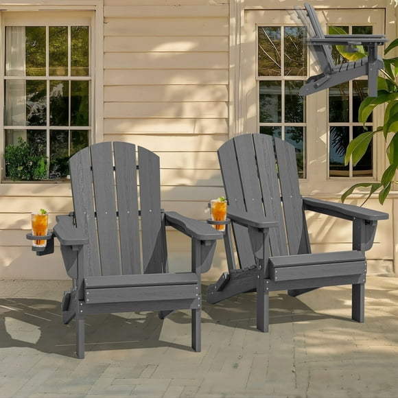 SERWALL Outdoor Adjustable Folding HDPE Adirondack Chairs Set of 2 with Cup Holder, Gray