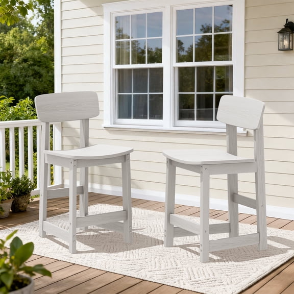 SERWALL Outdoor Bar Stools with Back Set of 2, HDPE Patio Counter Height Bar Stools with Footrest, Adirondack Outdoor Barstools for Garden, Backyard, Poolside, Balcony - White