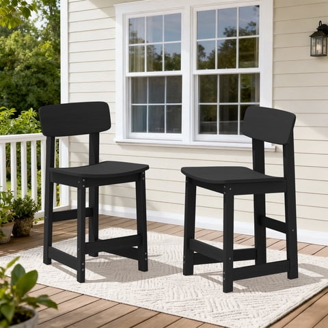SERWALL Outdoor Bar Stools with Back Set of 2, HDPE Patio Counter Height Bar Stools with Footrest, Adirondack Outdoor Barstools for Garden, Backyard, Poolside, Balcony - Black