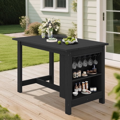 SERWALL Outdoor Bar Table with 2-Tier Storage & Wine Rack, All Weather High Top Table, HDPE Patio Bar Table for Garden, Backyard, Poolside, Balcony, Kitchen - Black