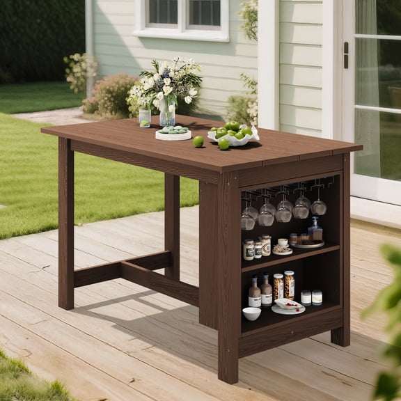 SERWALL Outdoor Bar Table with 2-Tier Storage & Wine Rack, All Weather Patio Bar Table, 36" Counter Height Dining Table for Garden, Backyard, Poolside, Deck, Balcony - Black