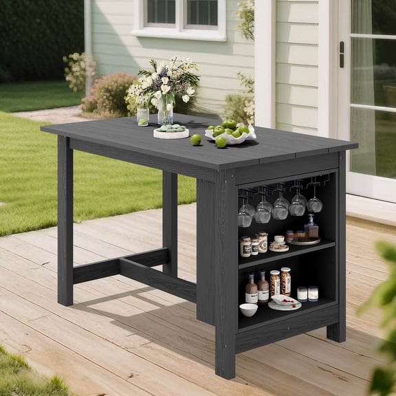 SERWALL Outdoor Bar Table with 2-Tier Storage & Wine Rack, All Weather High Top Table, HDPE Patio Bar Table for Garden, Backyard, Poolside, Balcony, Kitchen - Grey