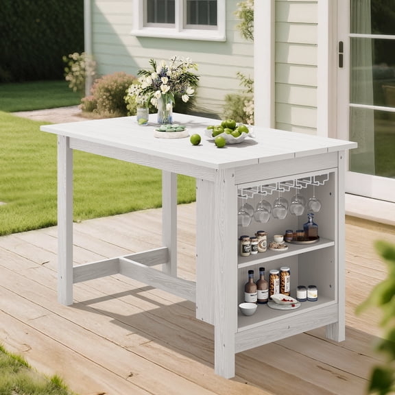 SERWALL Outdoor Bar Table with 2-Tier Storage & Wine Rack, All Weather Patio Bar Table, 36" Counter Height Dining Table for Garden, Backyard, Poolside, Deck, Balcony - White