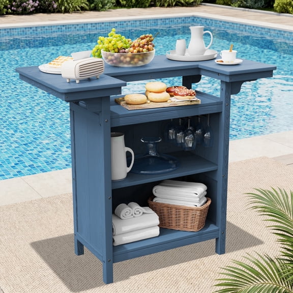 SERWALL Outdoor Bar Table with Storage Shelves, HDPE Bar Height Table, Patio Bar Table for Poolside, Garden, Backyard, Blue