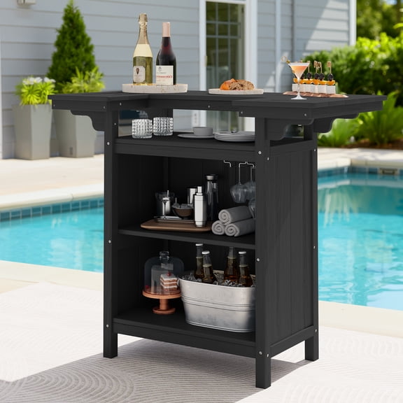 SERWALL Outdoor Bar Table with Storage, HDPE Bar Height Table, Patio Bar Table for Poolside, Garden, Backyard, Black