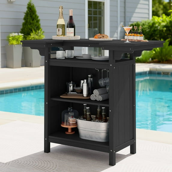 SERWALL Outdoor Bar Table, HDPE Patio Bar Table, All Weather Adirondack Outdoor Height Bar Table with Multi-layer Storage & Wine Glass Holder, for Parties, BBQ and Cocktail Prep, Indoor & Outdoor Use