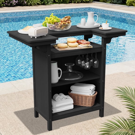 SERWALL Outdoor Bar Table with Storage Shelves, HDPE Bar Height Table, Patio Bar Table for Poolside, Garden, Backyard, Black