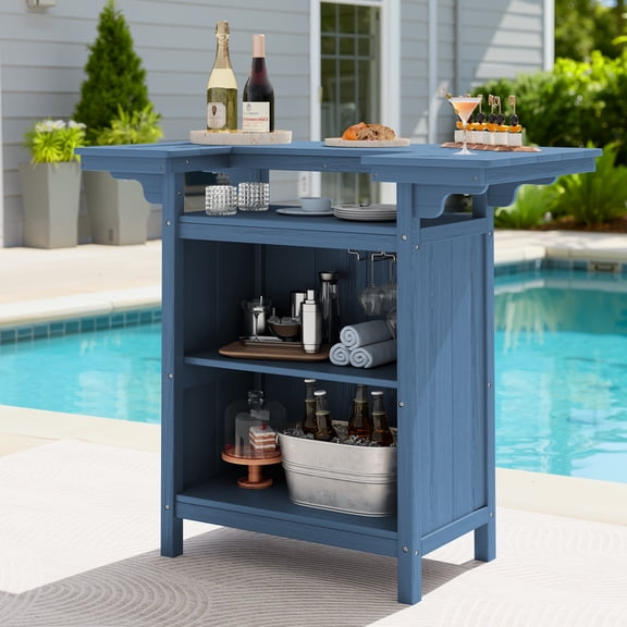 SERWALL Outdoor Bar Table with Storage, HDPE Bar Height Table, Patio Bar Table for Poolside, Garden, Backyard, Blue