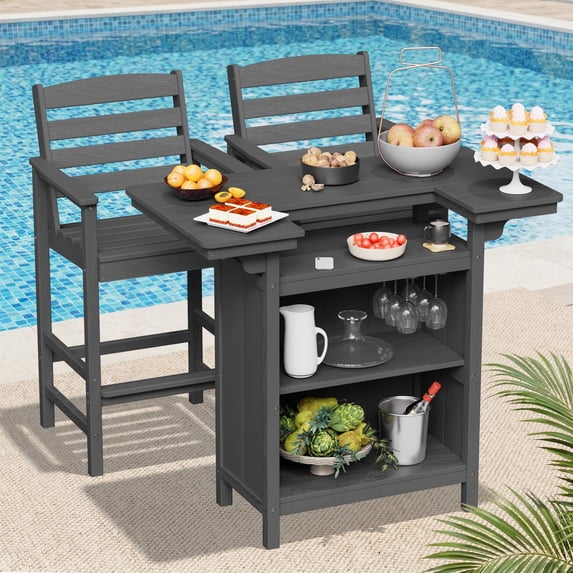 SERWALL Outdoor Bar Table Set(1 Table with 2 Chairs), HDPE Patio Bar Table, All Weather Adirondack Outdoor Height Bar Table with Multi-layer Storage & Wine Glass Holder, Gray
