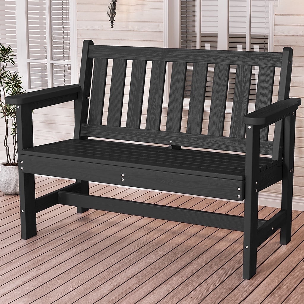 Walmart Coupons of SERWALL Outdoor Bench for 2-Person, Weather-Resistant HDPE with Aluminum Reinforcement, Supports 660 lbs, Comfortable Seating for Patio, Garden, and Porch, Black