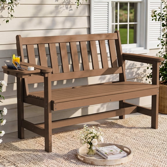 SERWALL 2-Person Outdoor Bench, 49" All-Weather HDPE Garden Bench with 4-in-1 Side Tray, Aluminum-Reinforced Supports, 660 lbs Capacity, for Patio, Porch and Backyard, Brown