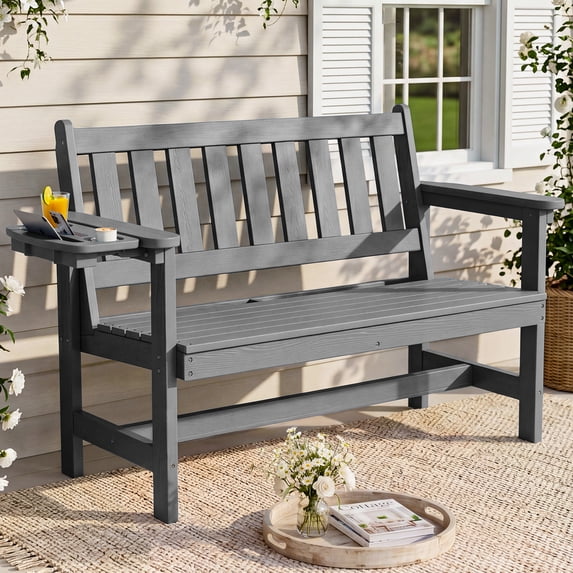 SERWALL Outdoor Bench for 2-Person, 49" Weather-Resistant HDPE Patio Bench with Aluminum Reinforcement, Supports 660 lbs, Comfortable Seating for Garden, Park and Porch, Grey