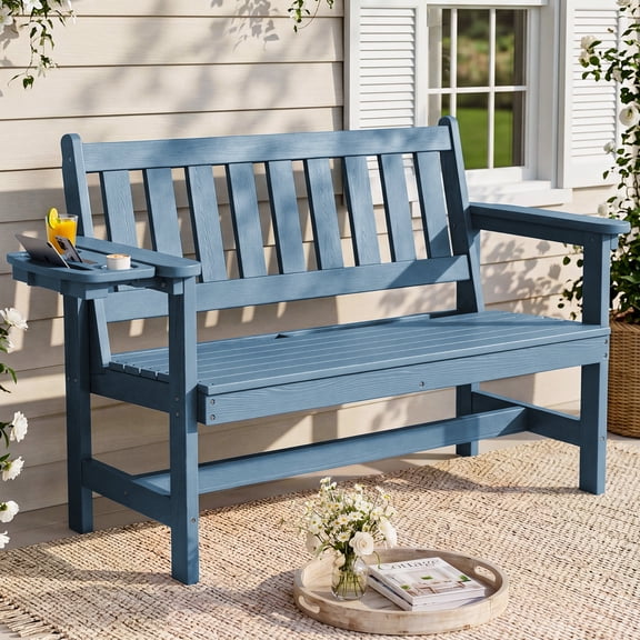 SERWALL 2-Person Outdoor Bench, 49" All-Weather HDPE Garden Bench with 4-in-1 Side Tray, Aluminum-Reinforced Supports, 660 lbs Capacity, for Patio, Porch and Backyard, Navy