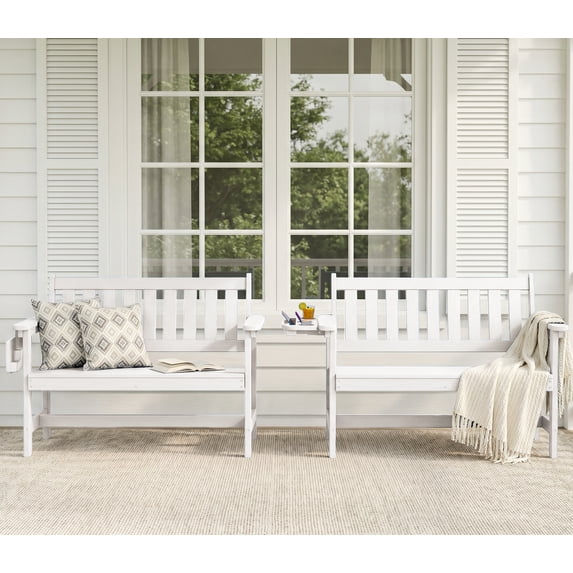 SERWALL 2-Person Outdoor Bench, 49" All-Weather HDPE Garden Bench with 4-in-1 Side Tray, Aluminum-Reinforced Supports, 660 lbs Capacity, for Patio, Porch and Backyard, White
