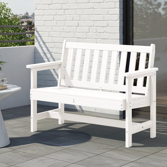 SERWALL Outdoor Bench for 2-Person, Weather-Resistant HDPE with Aluminum Reinforcement, Supports 660 lbs, Comfortable Seating for Patio, Garden, and Porch, White
