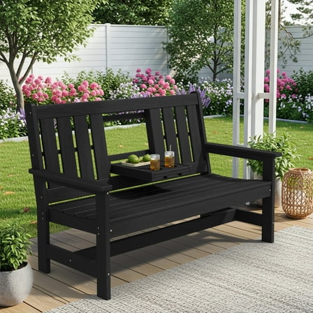 SERWALL Outdoor Bench for 3-Person with Cup Holder, 58" All-Weather HDPE Patio Bench Supports 660 lbs, Garden Park Bench with High Backrest and Wide Armrest for Patio, Garden, Porch - Black