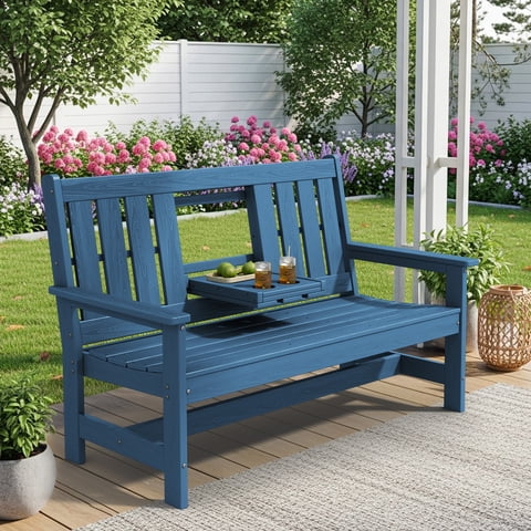 SERWALL Outdoor Bench for 3-Person with Cup Holder, 58" All-Weather HDPE Patio Bench Supports 660 lbs, Garden Park Bench with High Backrest and Wide Armrest for Patio, Garden, Porch - Blue
