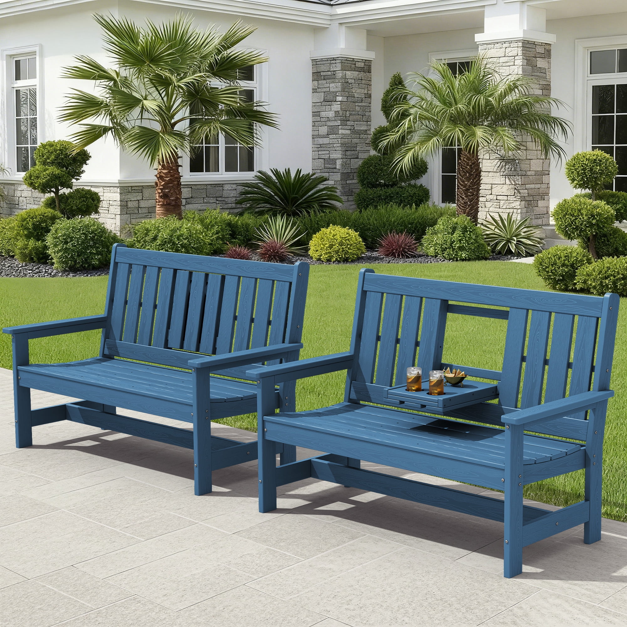 SERWALL Outdoor Bench for 3-Person with Cup Holder, 58