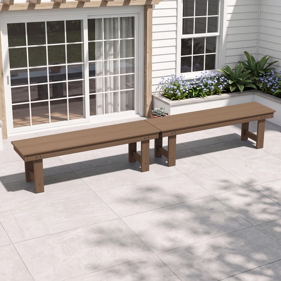 SERWALL Outdoor Bench Set of 2, HDPE Backless Patio Bench, Weather-Resistant Garden Bench for Porch, Yard & Backyard, Brown