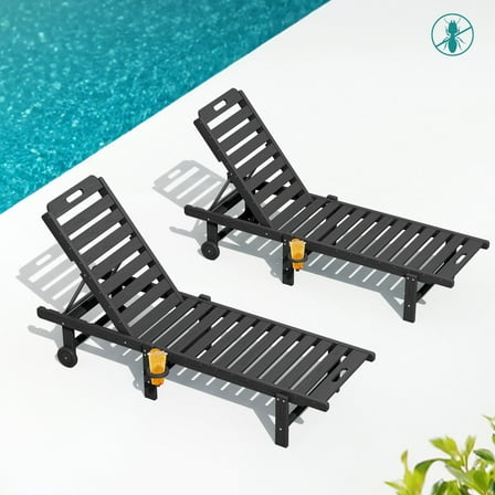 SERWALL Outdoor Chaise Lounge Set of 2, Adjustable Patio Chaise Lounge, HDPE Lounge Chair with Rolling Wheels & Cup Holder for Poolside, Black