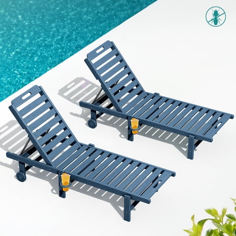 SERWALL Outdoor Chaise Lounge Set of 2, Adjustable Patio Chaise Lounge, HDPE Lounge Chair with Rolling Wheels & Cup Holder for Poolside, Blue