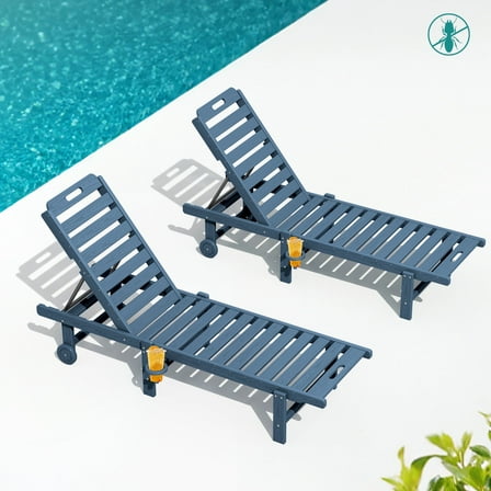 SERWALL Outdoor Chaise Lounge Set of 2, Adjustable Patio Chaise Lounge, HDPE Lounge Chair with Rolling Wheels & Cup Holder for Poolside, Blue