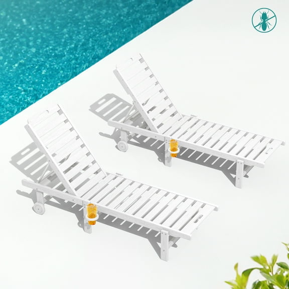 SERWALL Outdoor Chaise Lounge Set of 2, Adjustable Patio Chaise Lounge, HDPE Lounge Chair with Rolling Wheels & Cup Holder for Poolside, White