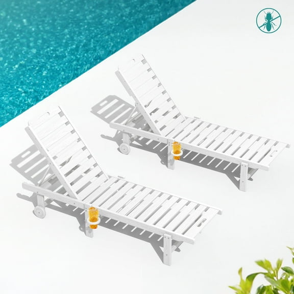 SERWALL Outdoor Chaise Lounge Set of 2, Adjustable Patio Chaise Lounge, HDPE Lounge Chair with Rolling Wheels & Cup Holder for Poolside, White