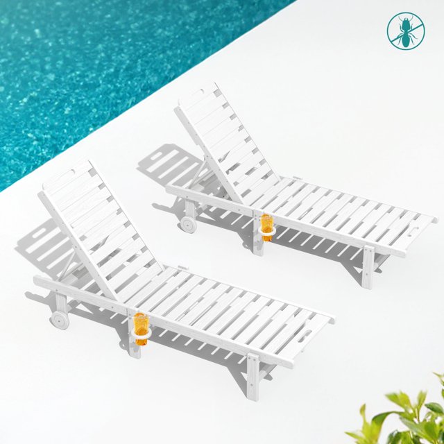 SERWALL Outdoor Chaise Lounge Set of 2, Adjustable Patio Chaise Lounge, HDPE Lounge Chair with Rolling Wheels & Cup Holder for Poolside, White