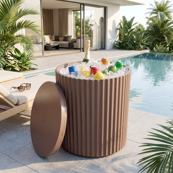 SERWALL Outdoor Cooler Side Table, Umbrella Side Table with 1.5 inch Hole for Patio, Pool, Brown