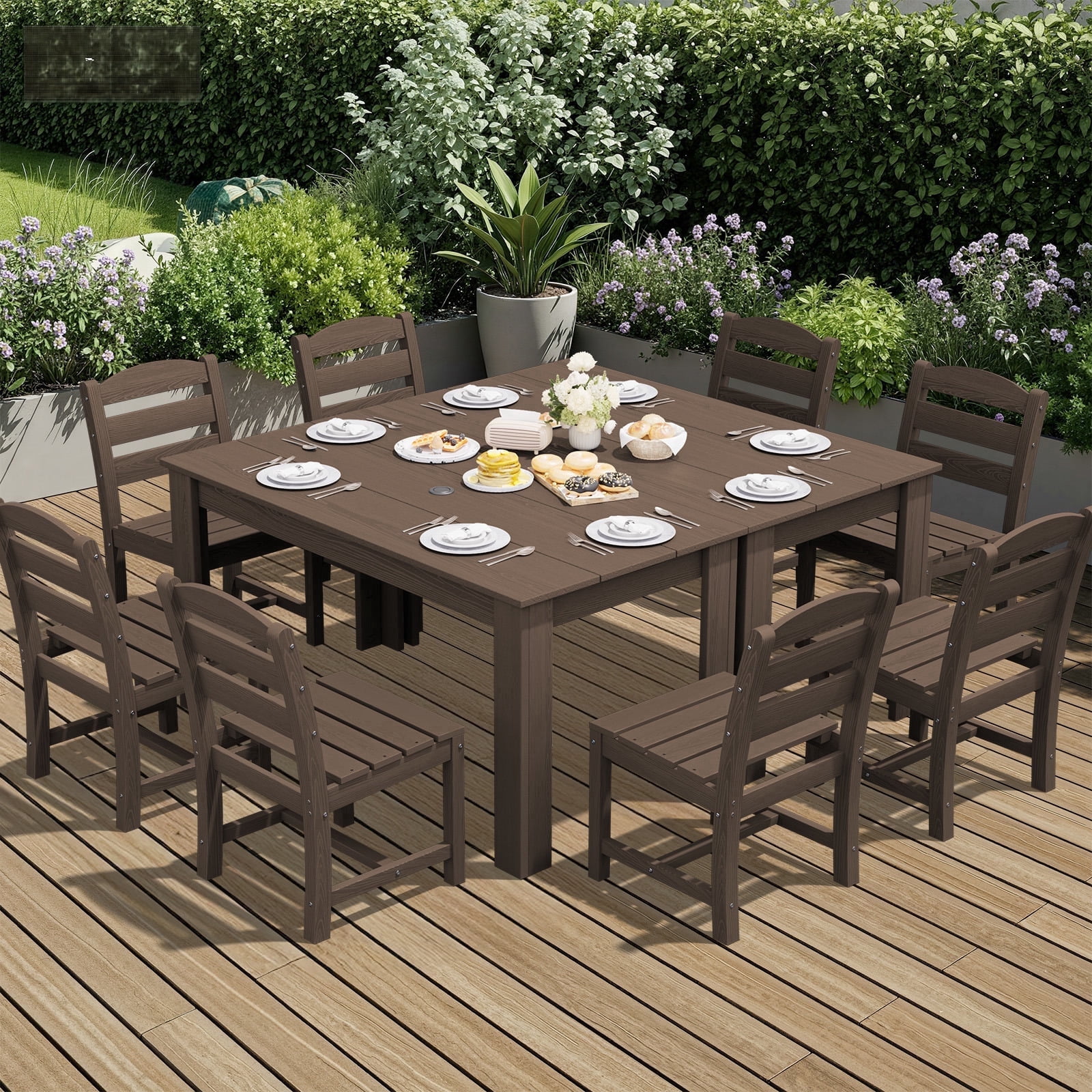 SERWALL Outdoor Dining Set for 10, 2 Outdoor Dining Tables with Umbrella Hole and 8 Armless Dining Chairs, All Weather Patio Dining Set, All Weather Patio Dining Set, Coffee