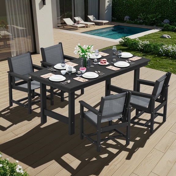 SERWALL Outdoor Dining Set, 5-Piece HDPE Dining Table with Umbrella Hole & 4 Textilene Chairs, Black