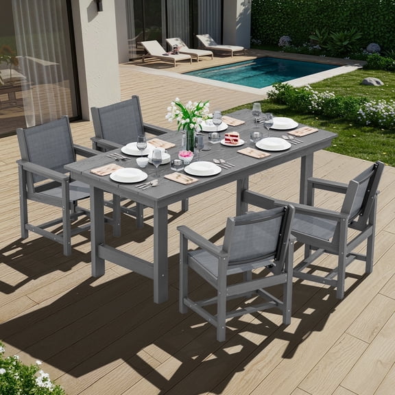 SERWALL Outdoor Dining Set, 5-Piece HDPE Dining Table with Umbrella Hole & 4 Textilene Chairs, Grey