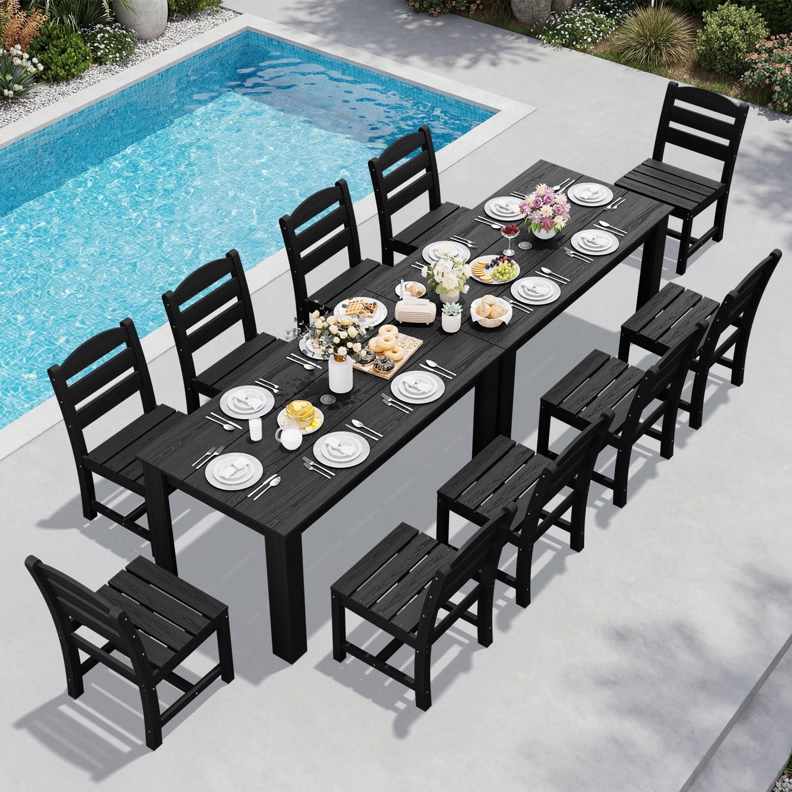 SERWALL Outdoor Dining Set for 10, 2 Outdoor Dining Tables with Umbrella Hole and 10 Armless Dining Chairs, All Weather Patio Dining Set, Black
