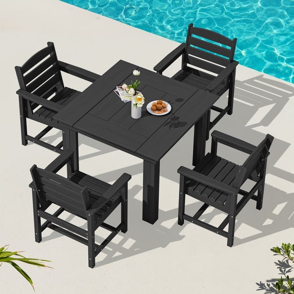 SERWALL Outdoor Dining Set for 4, Patio Square Table and Chairs Set HDPE Dining Set, 5-Piece Patio Dining Furniture, Black