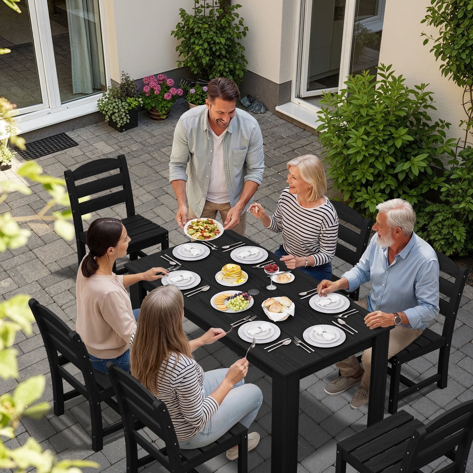 black patio dining set with umbrella 36 in. Aluminum Table for 4, 1.97" Hole, The round table offers ample space for serving delicious meals PHI VILLA Black 8-Piece Metal