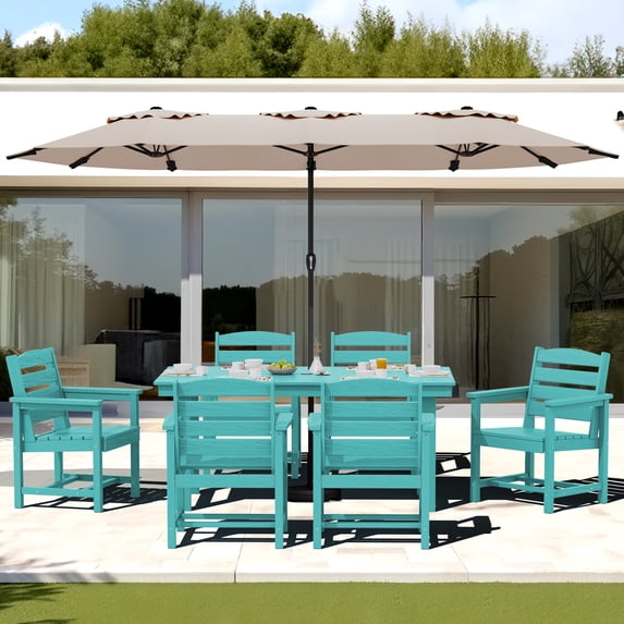 SERWALL Outdoor Dining Sets for 6 with 15FT Double Side Patio Umbrella, 8-Piece Patio Dining Set with 1 Rectangular table, 6 HDPE Dining Chairs & 1 Umbrella, Aruba(Umbrella base not included)