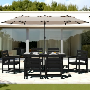 SERWALL Outdoor Dining Sets for 6 with 15FT Double Side Patio Umbrella, 8-Piece Patio Dining Set with 1 Rectangular table, 6 HDPE Dining Chairs & 1 Umbrella, Black（Umbrella base not included）