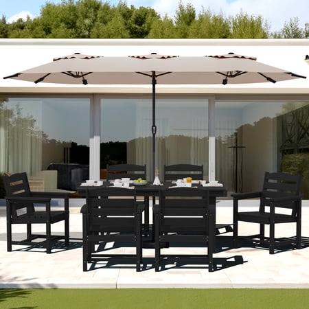 SERWALL Outdoor Dining Sets for 6 with 15FT Double Side Patio Umbrella, 8-Piece Patio Dining Set with 1 Rectangular table, 6 HDPE Dining Chairs & 1 Umbrella, Black(Umbrella base not included)