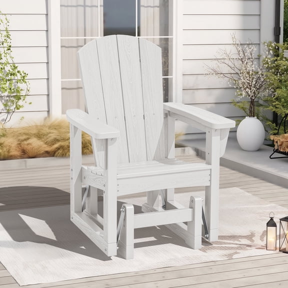 SERWALL Outdoor Glider Chair, HDPE Wood-Like Patio Glider Rocker All-Weather Porch Glider White