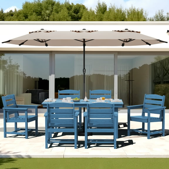 SERWALL Outdoor Dining Sets for 6 with 15FT Double Side Patio Umbrella, 8-Piece Patio Dining Set with 1 Rectangular table, 6 HDPE Dining Chairs & 1 Umbrella, Blue（Umbrella base not included）