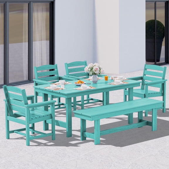 SERWALL Outdoor Dining Sets for 6, 6-Piece Patio Dining Set with 1 Rectangular table, 4 HDPE Dining Chairs & 1 Dining Bench, Aruba